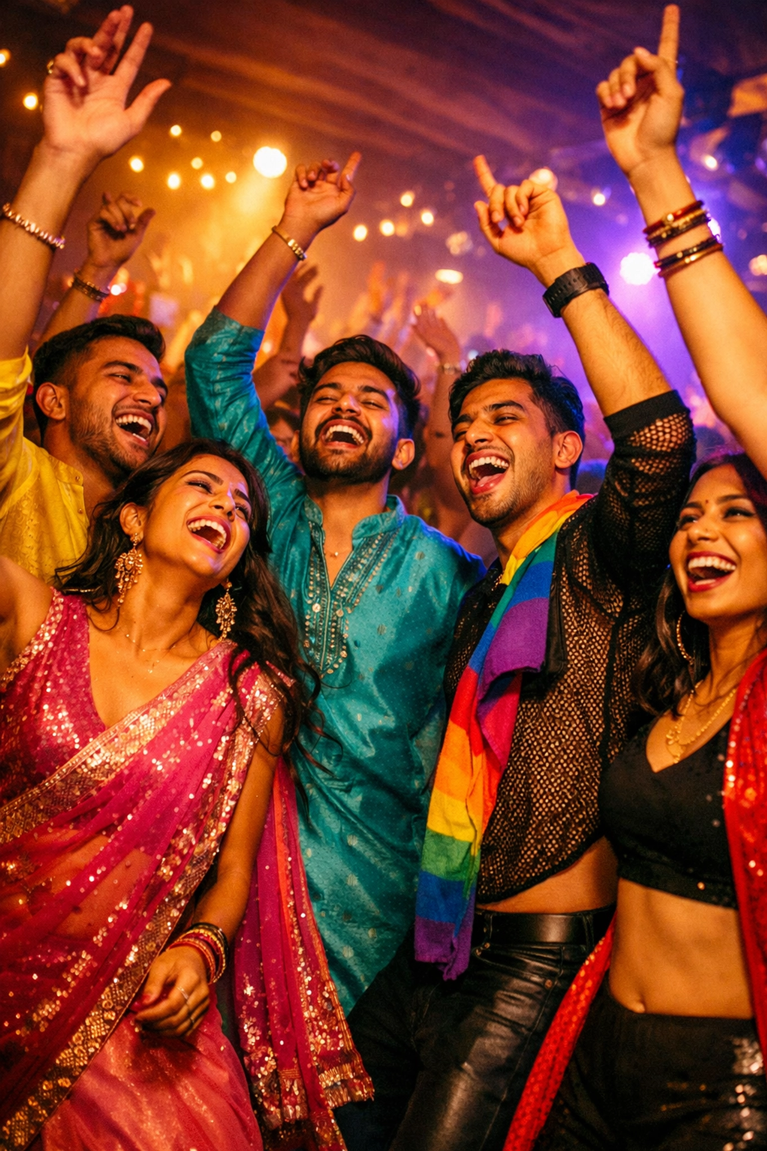 South Asian LGBTQ+ community celebrating at Bollywood-themed party with traditional Indian clothing