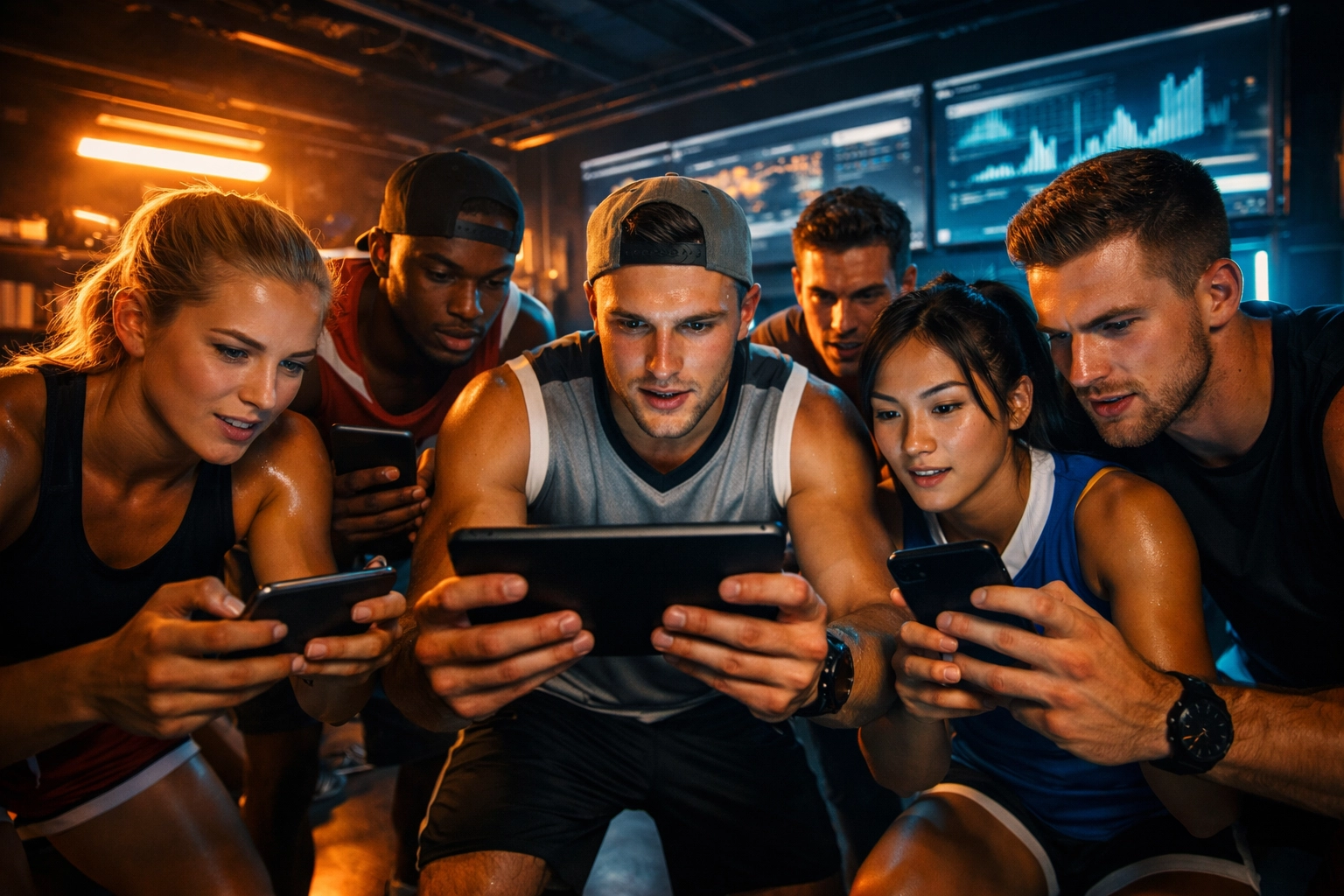 College athletes using smartphones in a digital studio to create authentic NIL content for Super Bowl marketing.