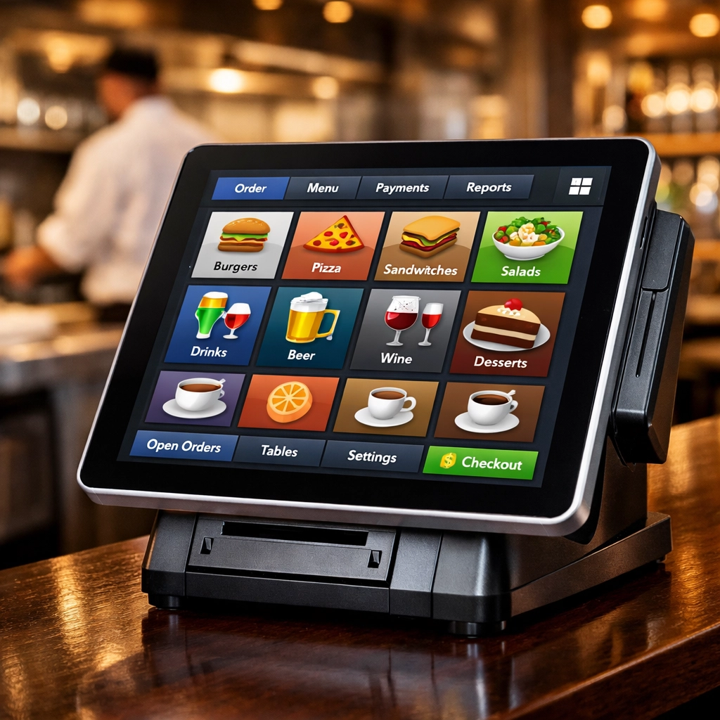 Modern restaurant POS system terminal on a bar counter representing digital security and payment processing.