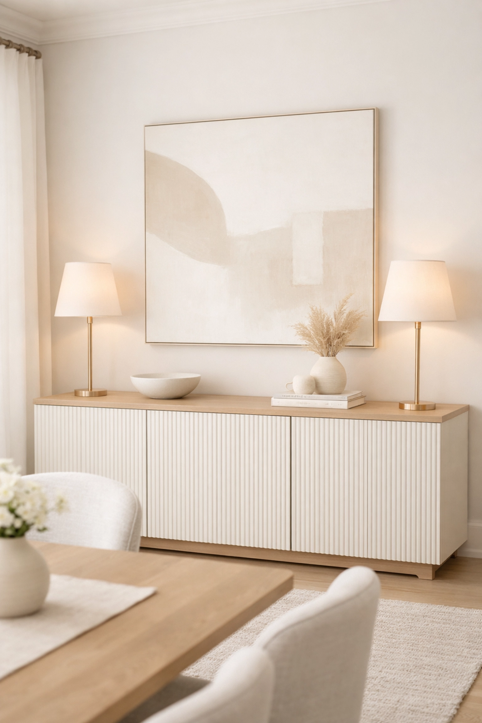 Modernize Methods LLC transformation featuring a fluted buffet set anchored by large-scale art and lighting.