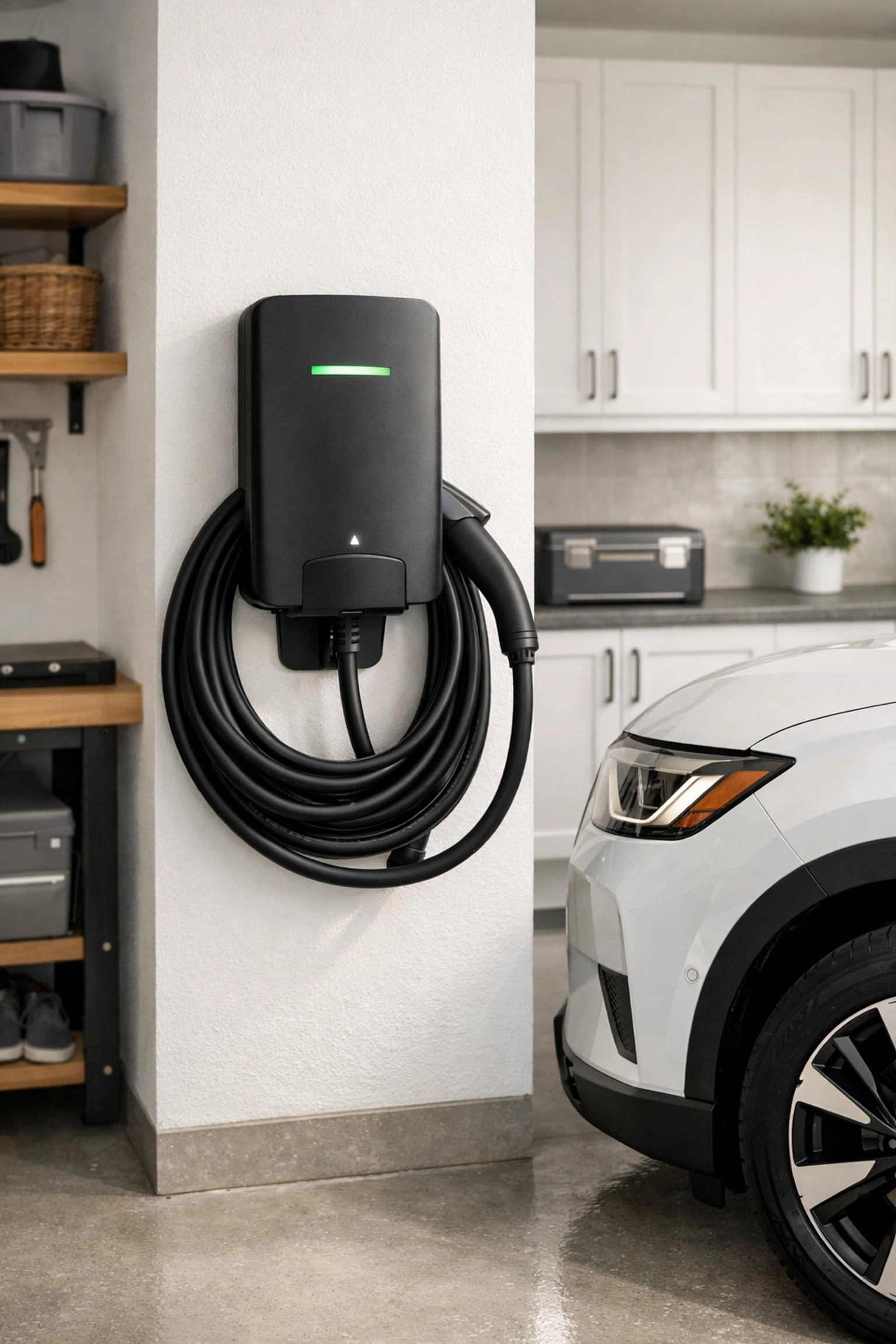 Residential Level 2 EV charger installation in a Maine garage for convenient and fast electric vehicle charging.