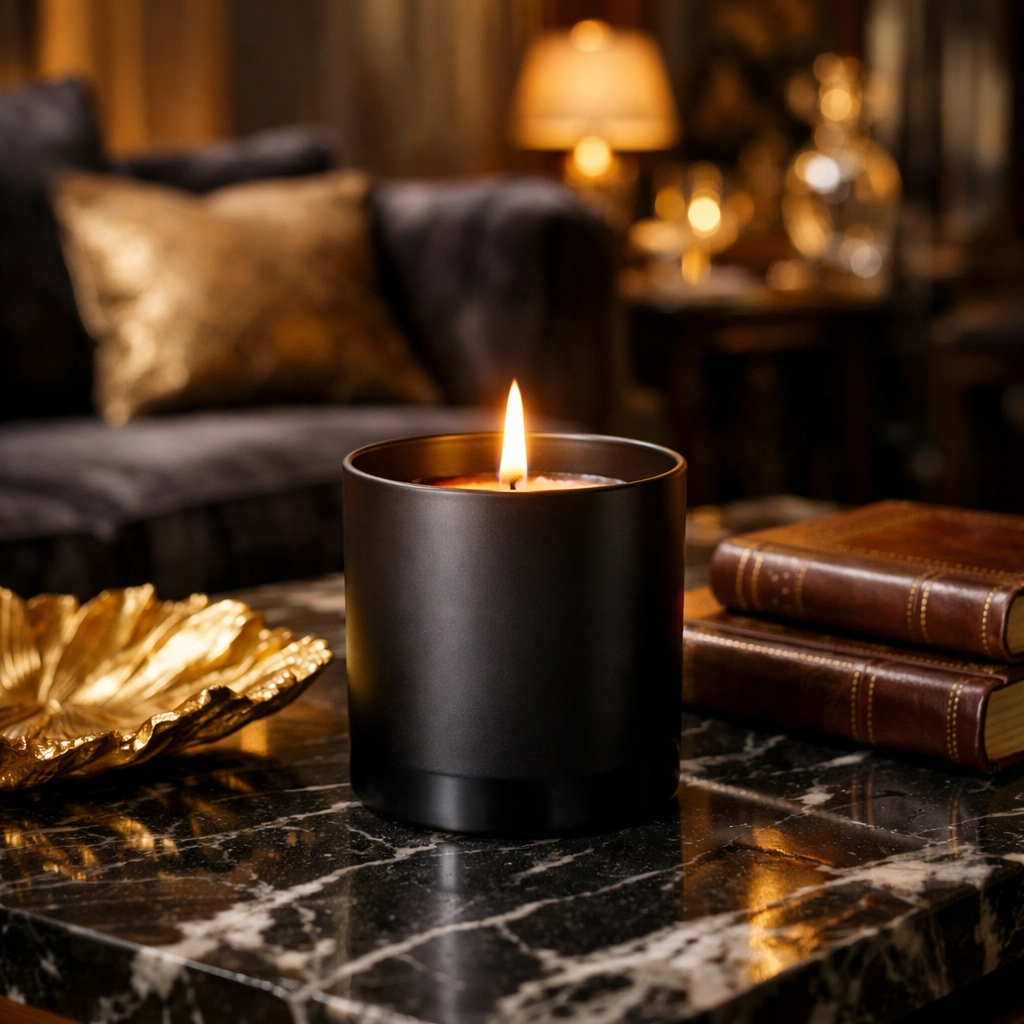 Why Buying Black Will Change the Way You Think About Your Daily Shopping Habits Luxury Palais Royale candle burning on a marble table, showcasing elegant Black-owned home decor.