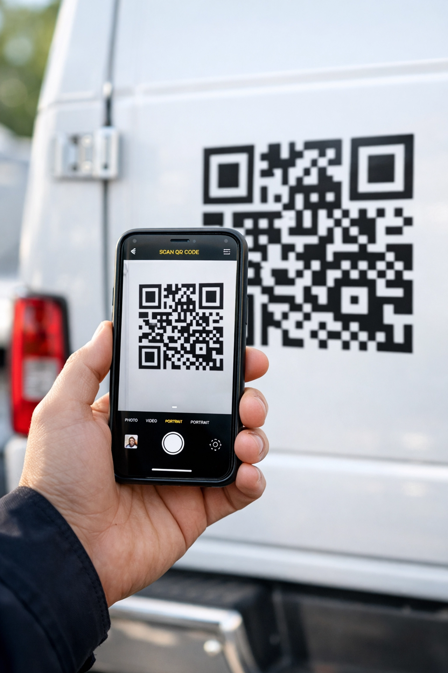 Scanning a high-contrast QR code on a service truck to leave a Google review for the business.