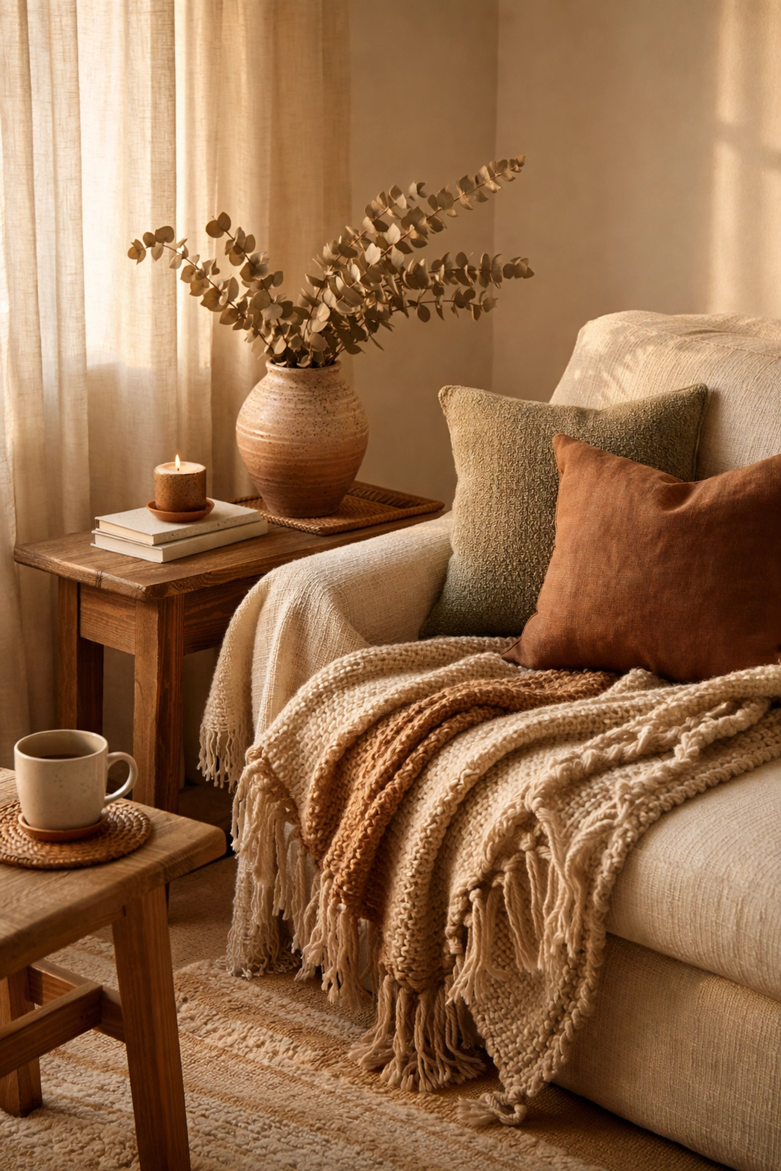 Cozy living room corner with handcrafted decor, including an artisan vase and fringed throw, highlighting unique home personality tips