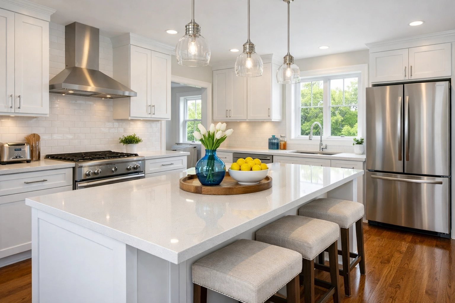 A spotless, move-in ready kitchen in Lancaster, MA featuring clean white countertops and hardwood floors.