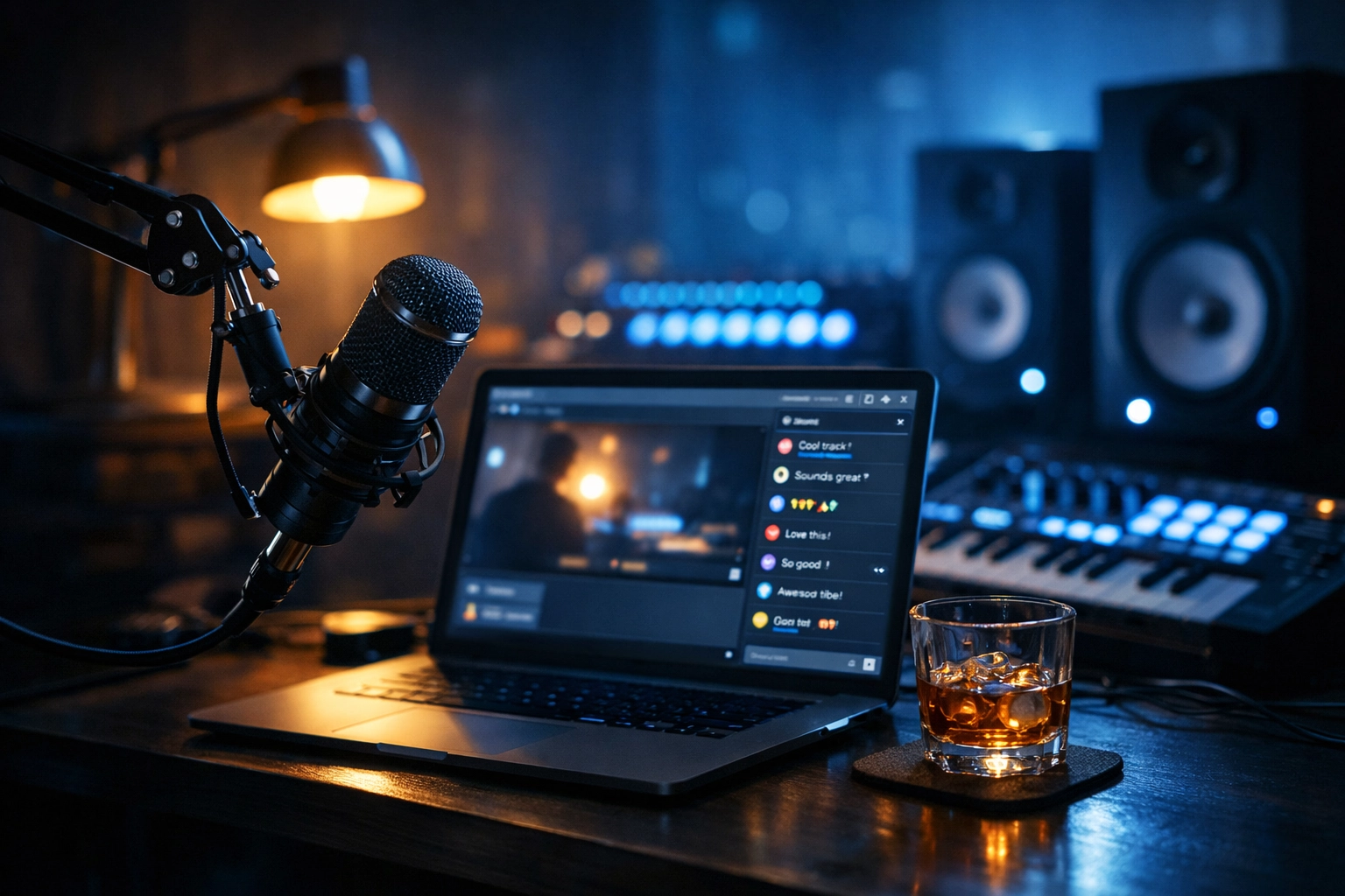 Home music studio setup with microphone and laptop for livestreaming sessions