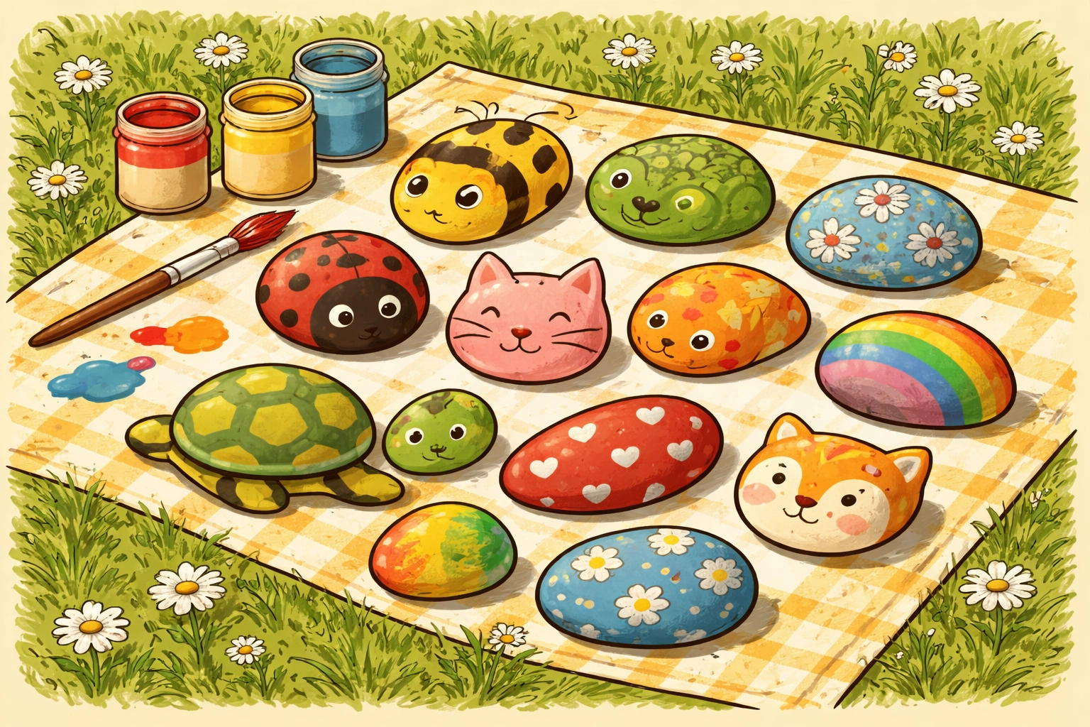 Painted rocks with animals and patterns drying outside, showing creative play for kids