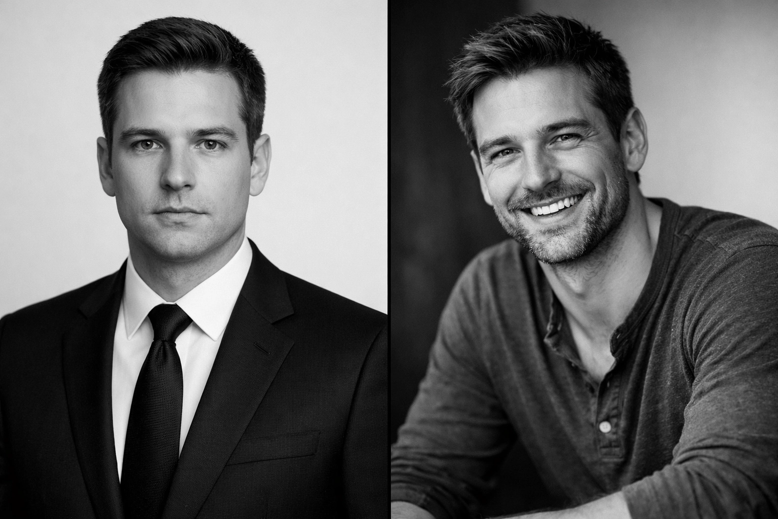 Comparison of two dating profile photo styles: stiff formal vs relaxed, authentic.