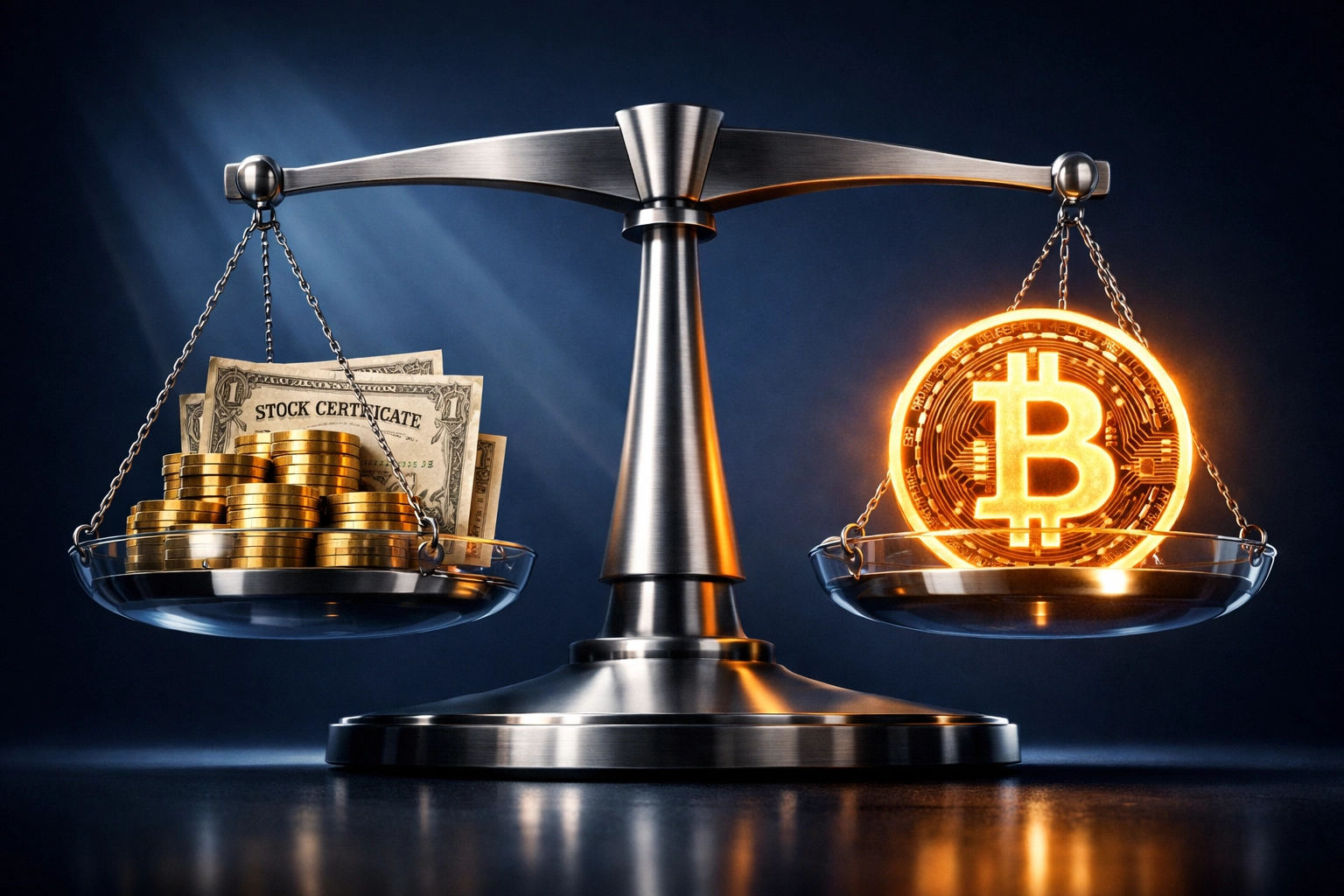 Balance scale showing Bitcoin and traditional assets in portfolio equilibrium