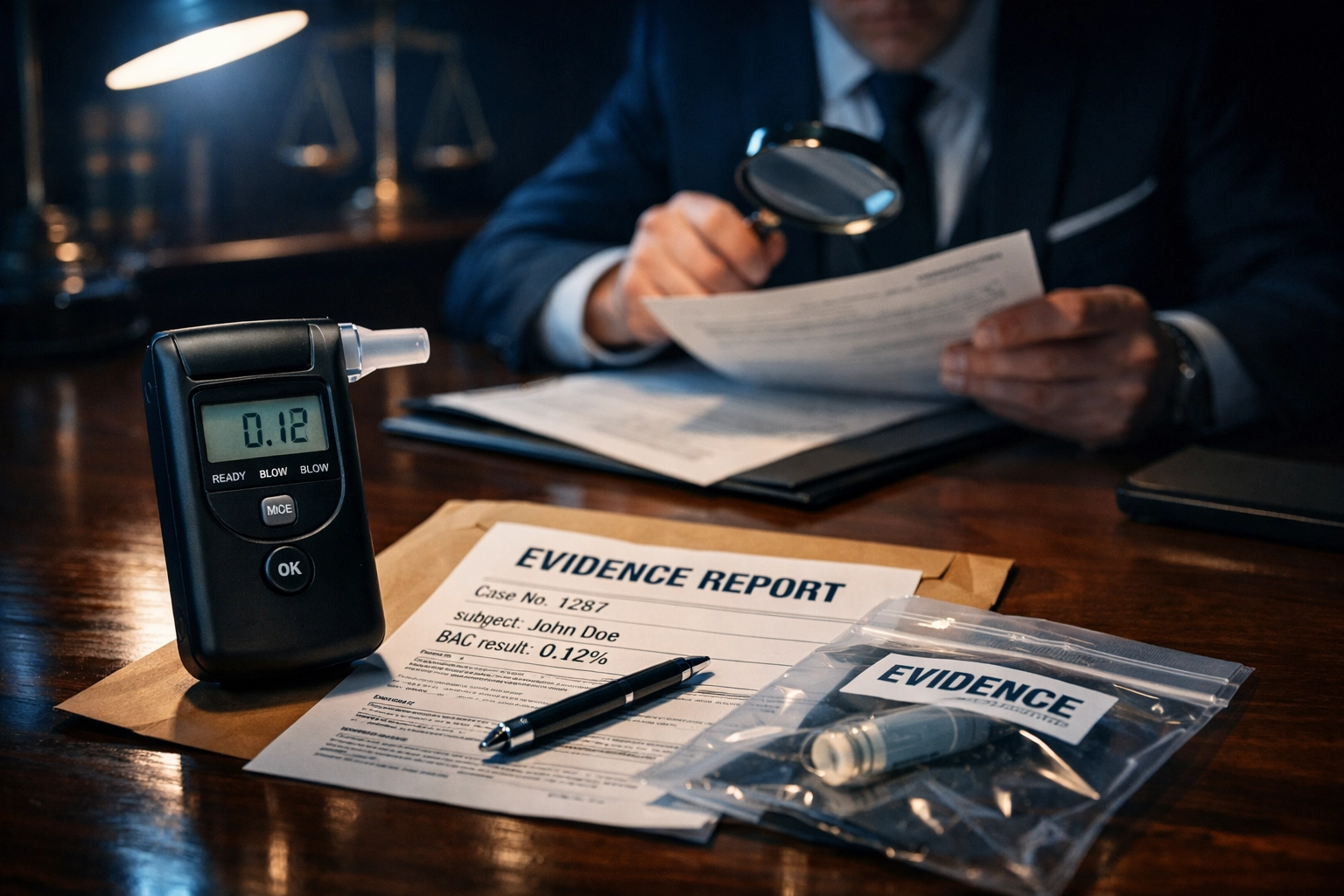 Attorney examining breathalyzer evidence and DUI case documents for defense strategy