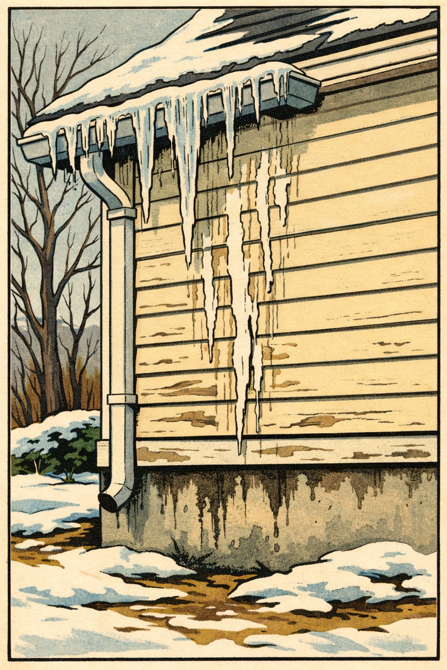 Winter gutter damage signs: icicles, peeling paint, and foundation water stains