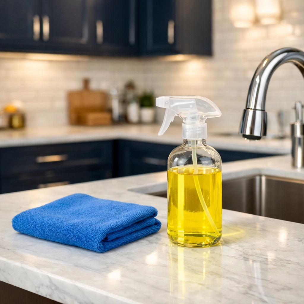 Eco-friendly move-out cleaning Lowell in a modern kitchen with pristine marble countertops.