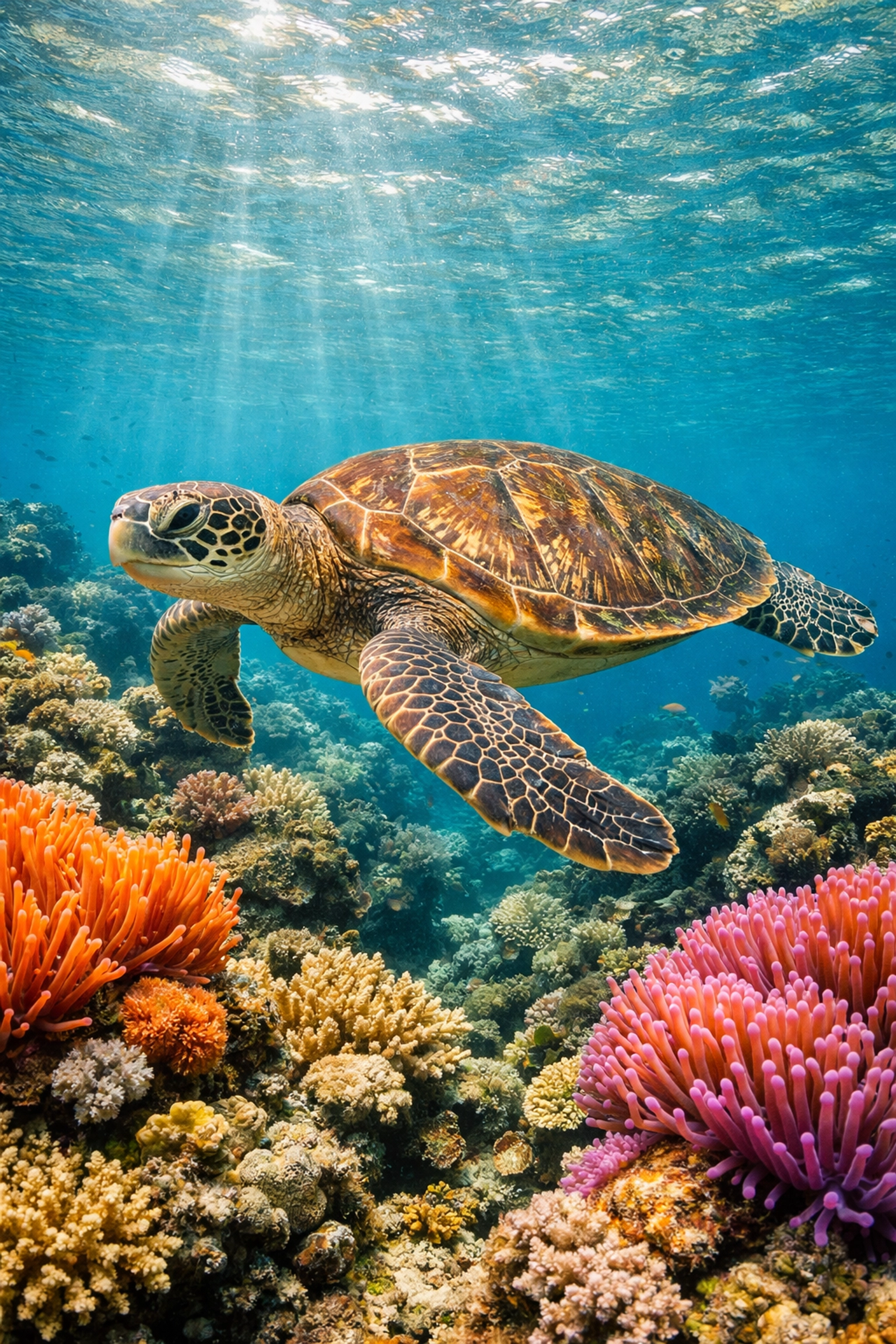 Green Sea Turtle swimming through a coral reef, highlighting marine biodiversity and high-impact wildlife media.