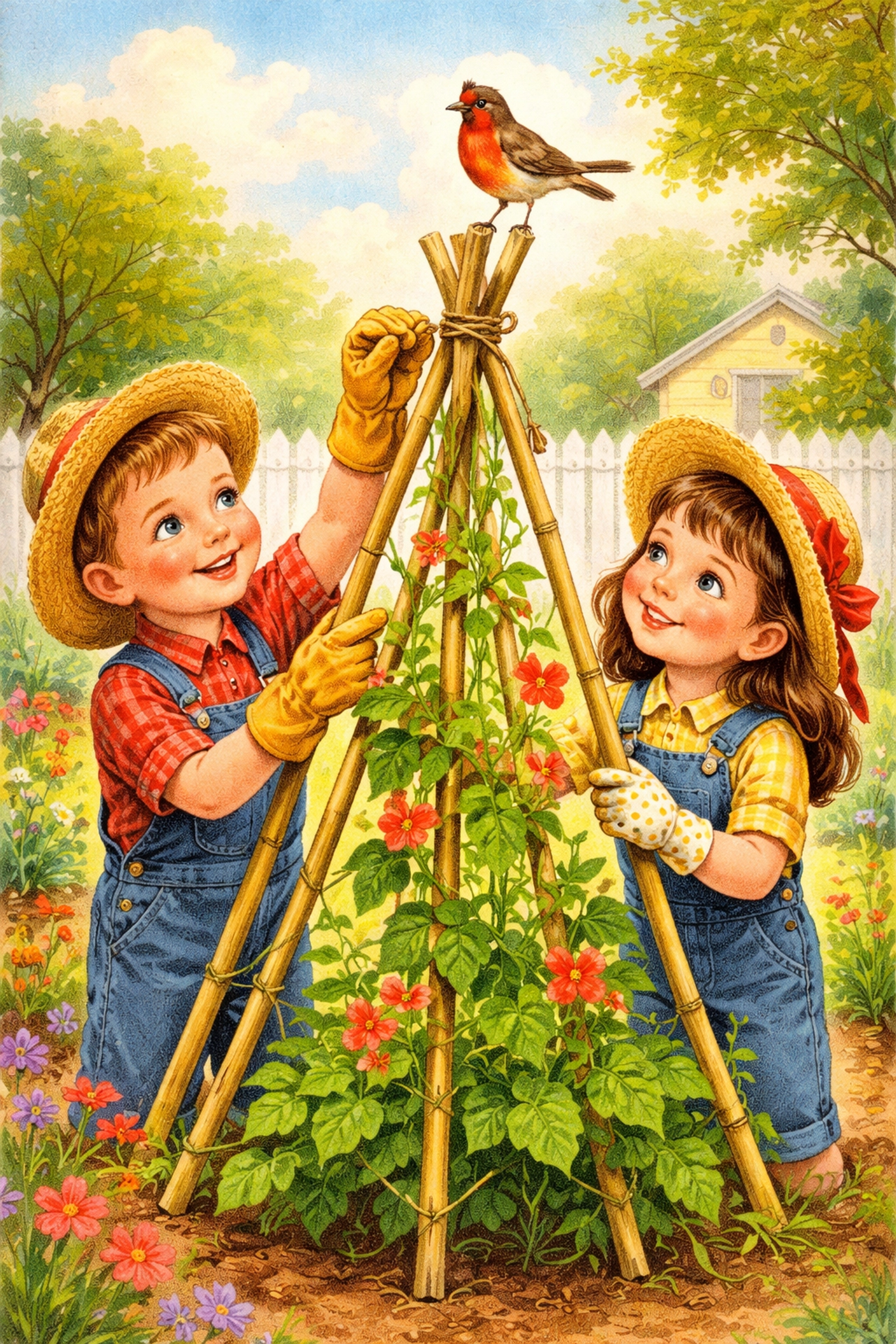 Children building a bamboo trellis in a backyard vegetable garden for beans and climbing plants
