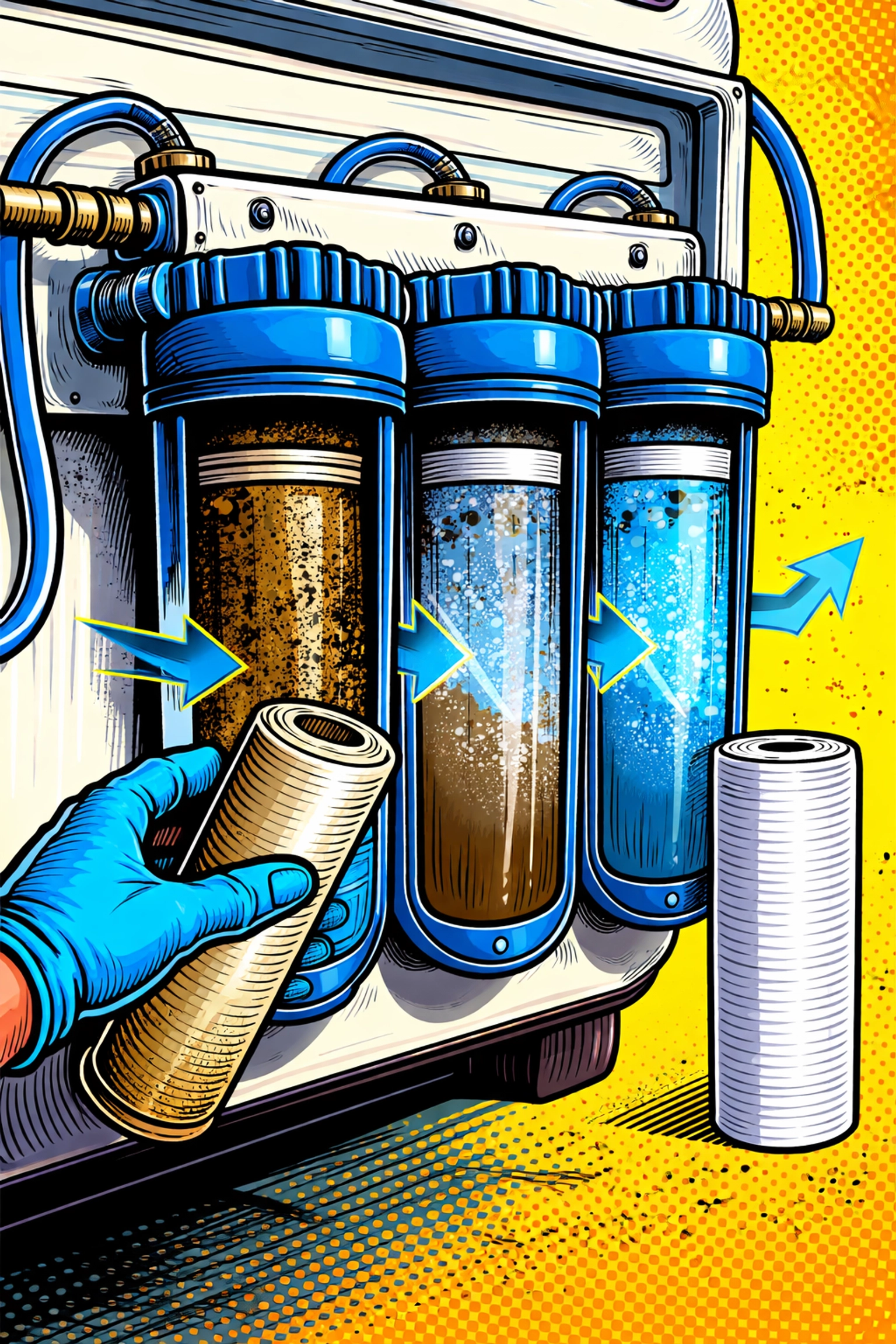 Comic-style cutaway showing RV water filter system with cartridge replacement for optimal water quality.