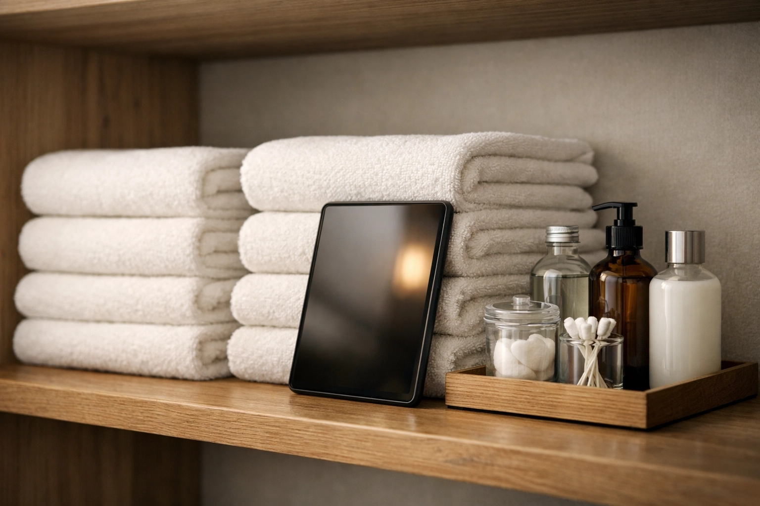 Digital tablet at an organized housekeeping station for automated hotel task and staff management.