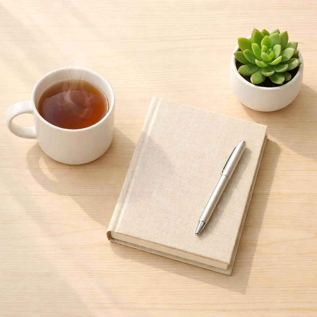 A calm recovery routine setup with tea, a journal, and a succulent in a bright sober living home.