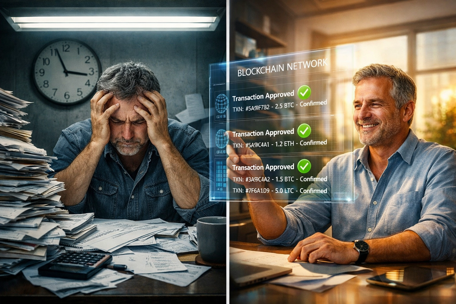 Merchant stressed by payment paperwork versus merchant using streamlined blockchain payment interface