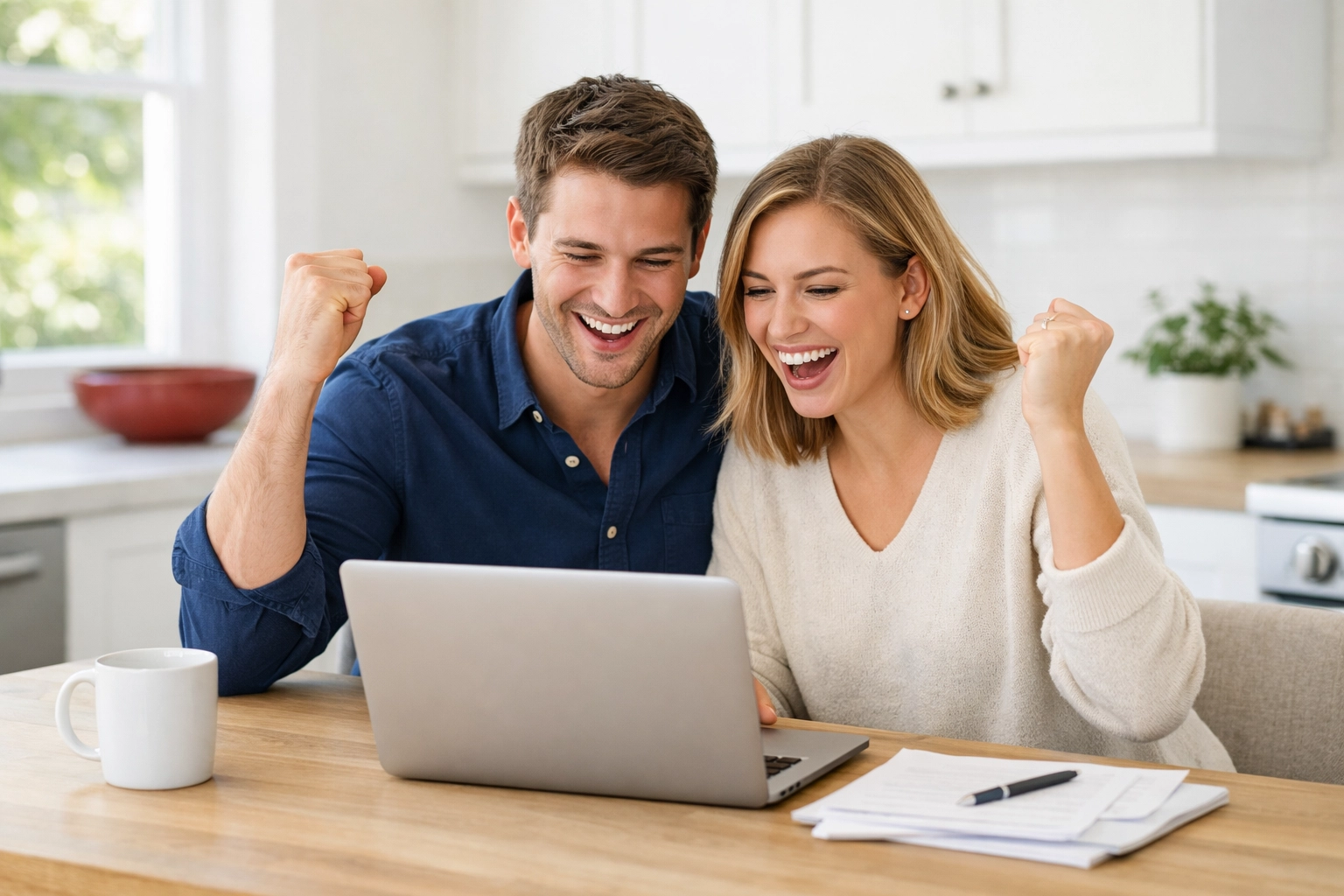 A Texas couple celebrating a better credit score and financial success in their modern kitchen.