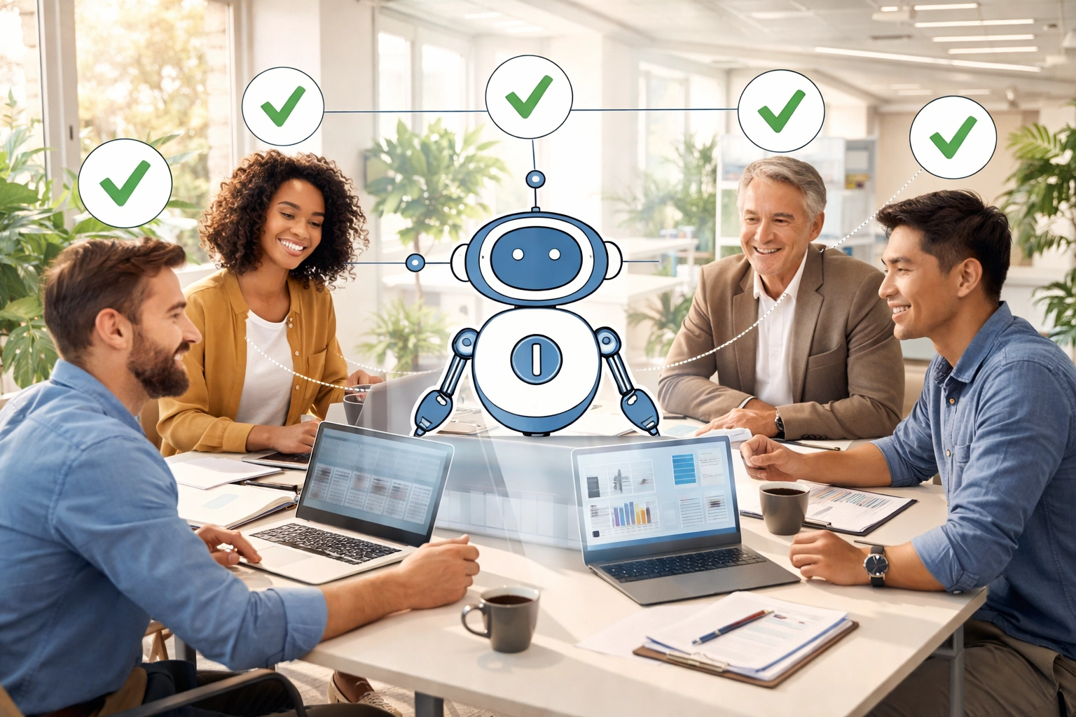 Diverse business team collaborating with an AI assistant, highlighting human-in-the-loop oversight for autonomous systems.