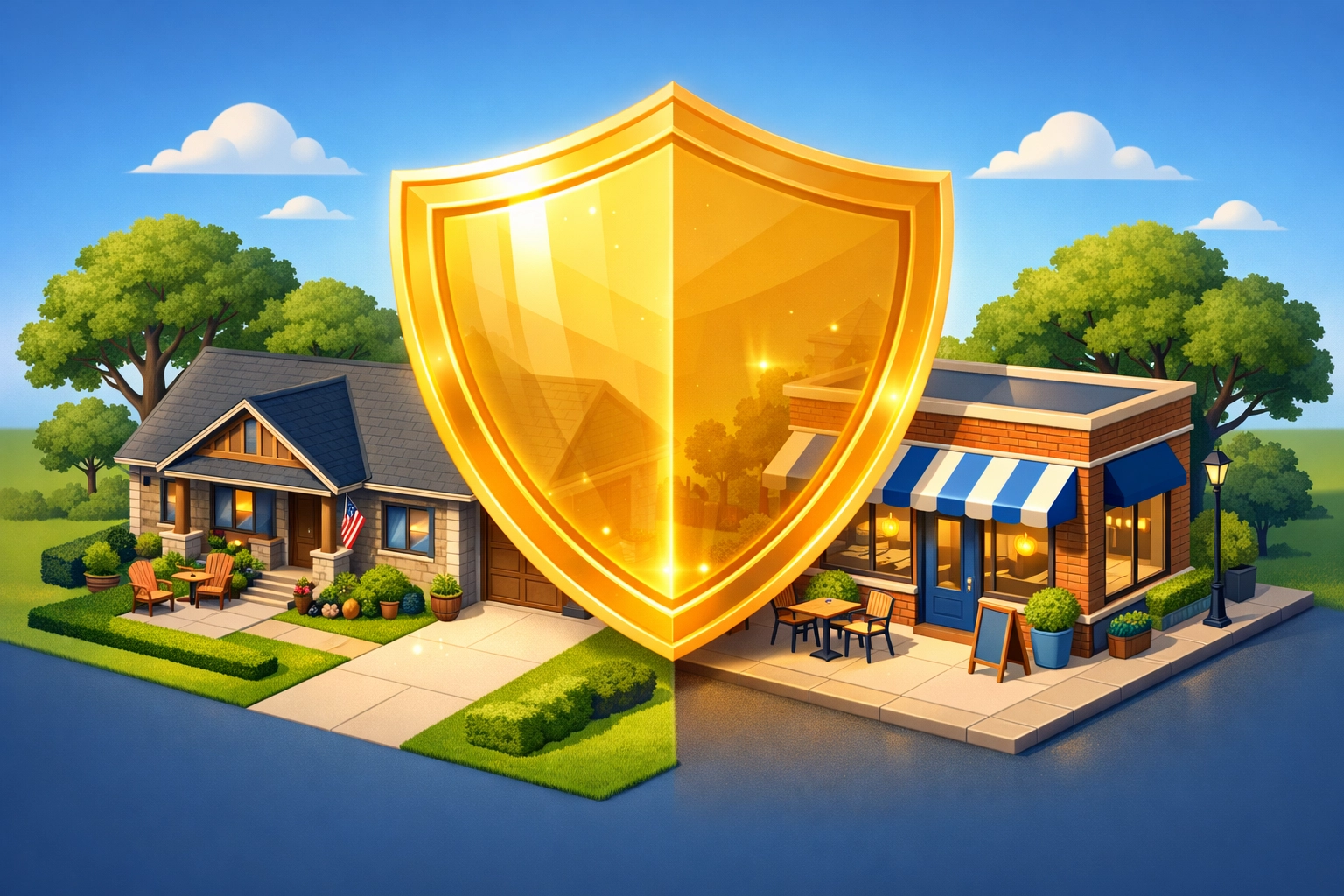 A protective shield covering both a home and a storefront for complete business and family insurance protection.