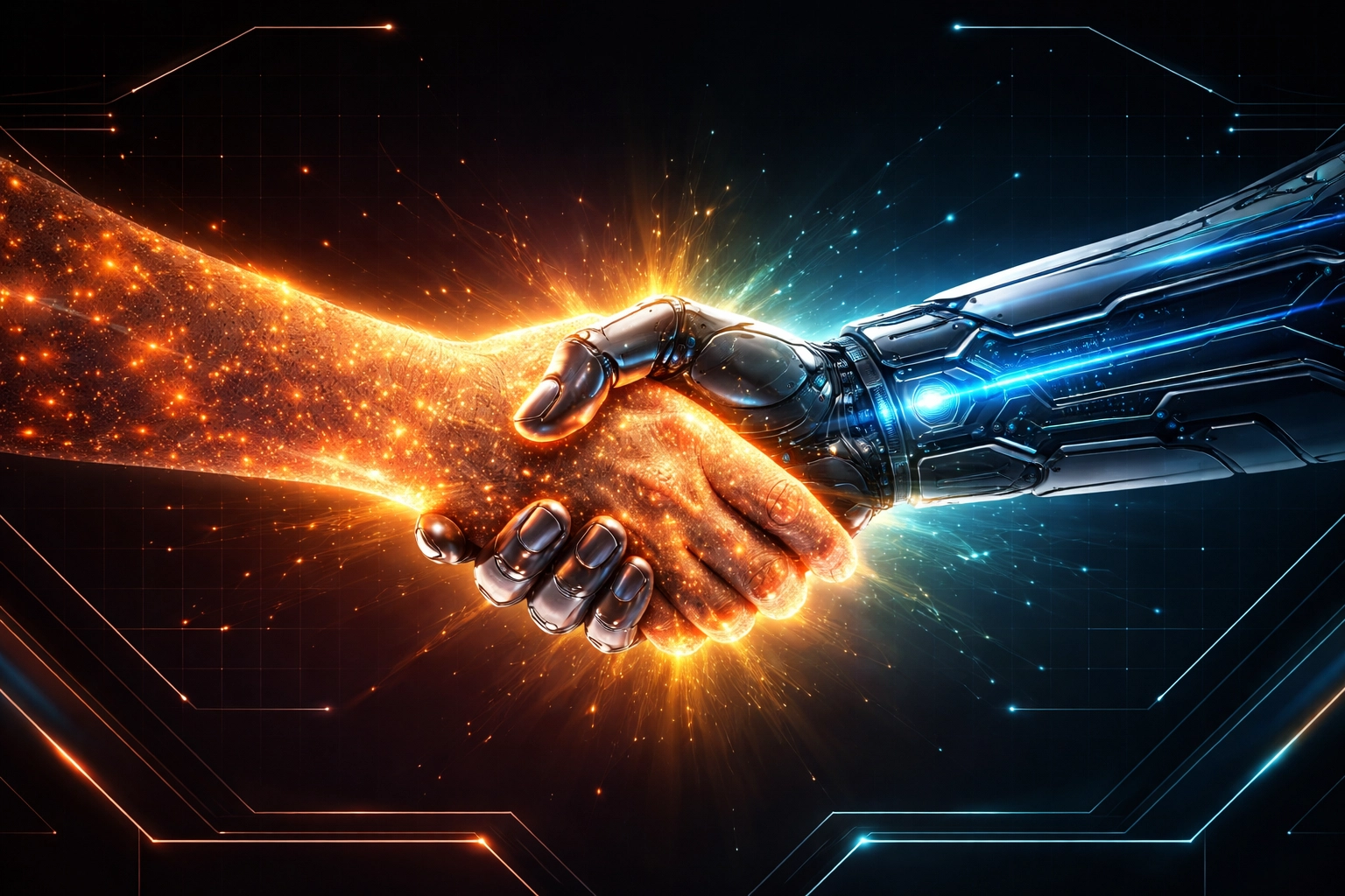 Human and robotic hands shaking, symbolizing seamless collaboration between people and AI automation in small business