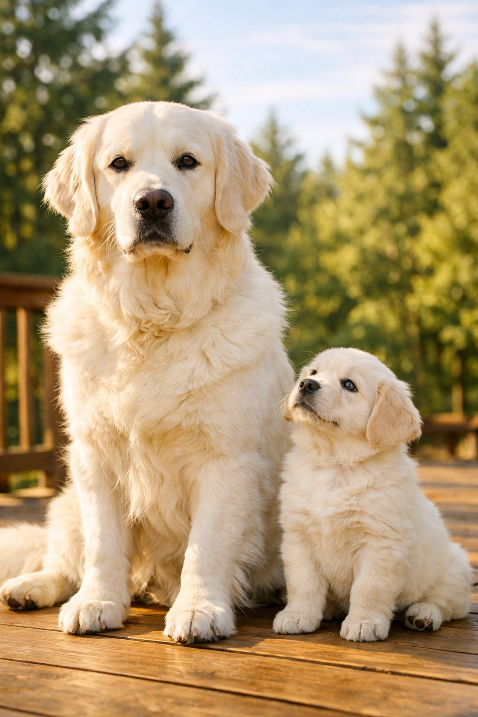 A calm English Cream Golden Retriever and puppy showing the gentle temperament from a Boring Oregon breeder.