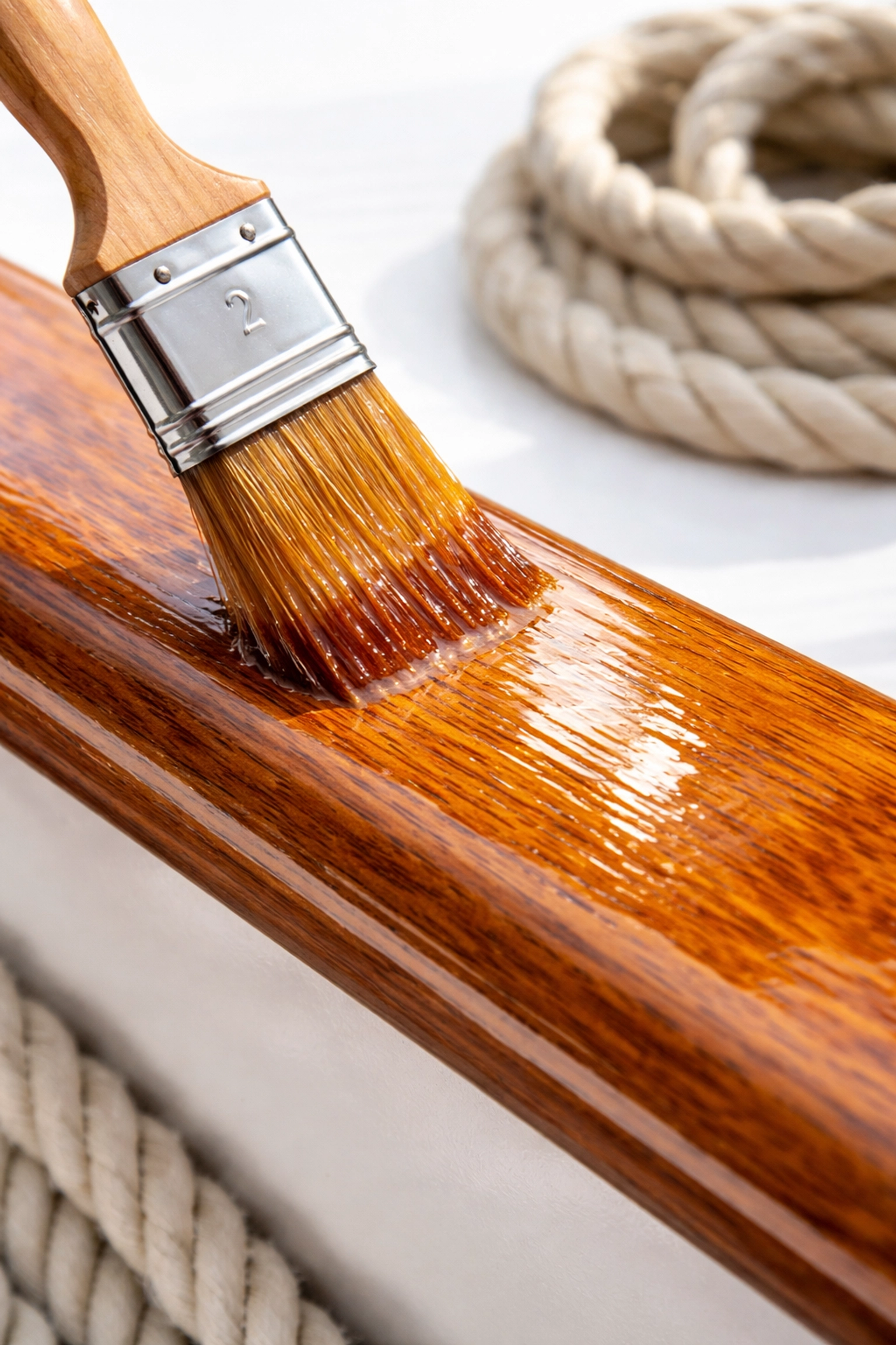 Natural bristle brush applying marine spar varnish to teak boat rail, highlighting wood grain and lasting protection
