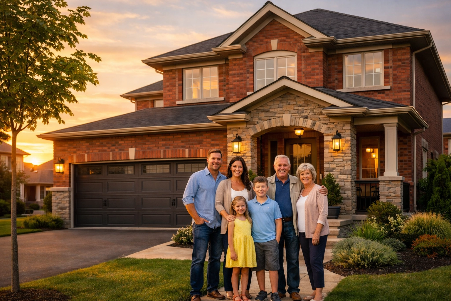 Multi-generational family in front of a modern detached home in Bradford, Ontario, ideal for European families.