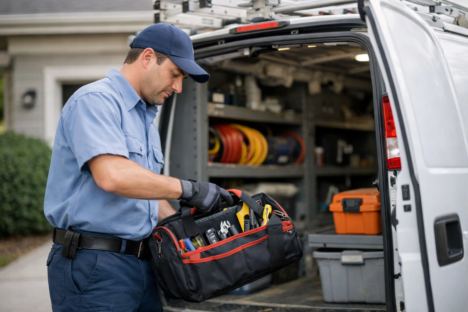 HVAC technician loading tools into a branded service van in a residential driveway