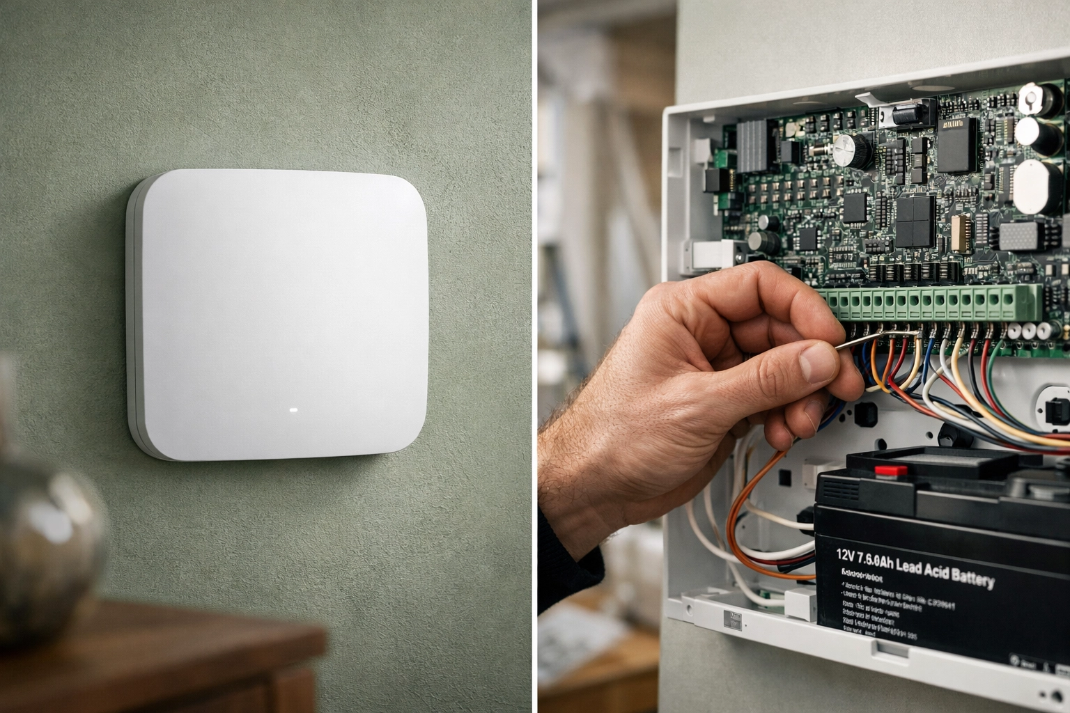 Comparison of a sleek wireless alarm hub and a technician wiring a professional security control panel.
