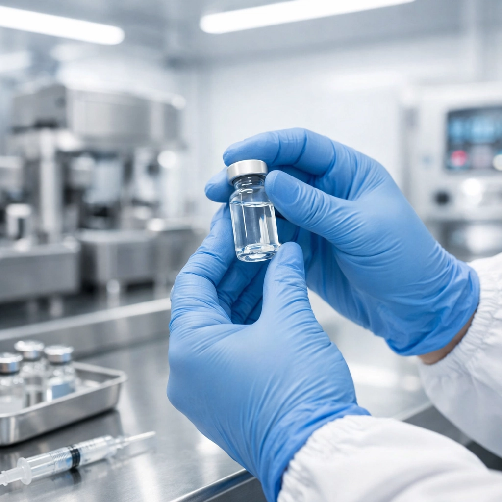 Professional pharmacist handling a medical vial in a sterile, regulated compounding facility for patient safety.