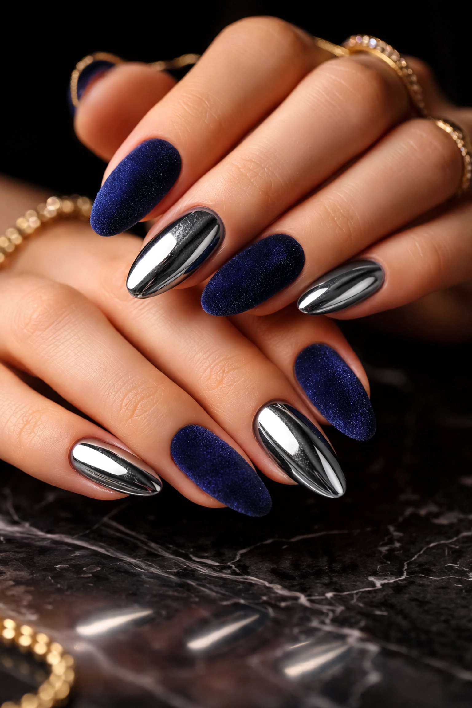 Close-up of luxurious navy velvet and silver chrome nails with gold jewelry, ideal for premium Norwood nail salons.