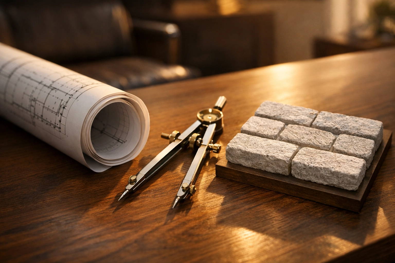 Architectural blueprints and brick samples illustrating house extension planning and deposits.