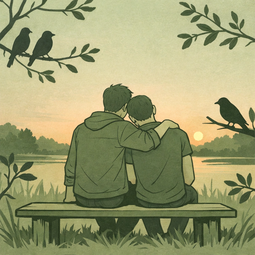 Two men finding connection at bird sanctuary, LGBTQ+ safe haven at sunset