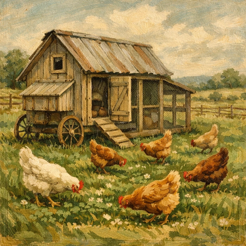 Hens foraging near a mobile coop on green grass, providing fresh and ethical eggs for the community.