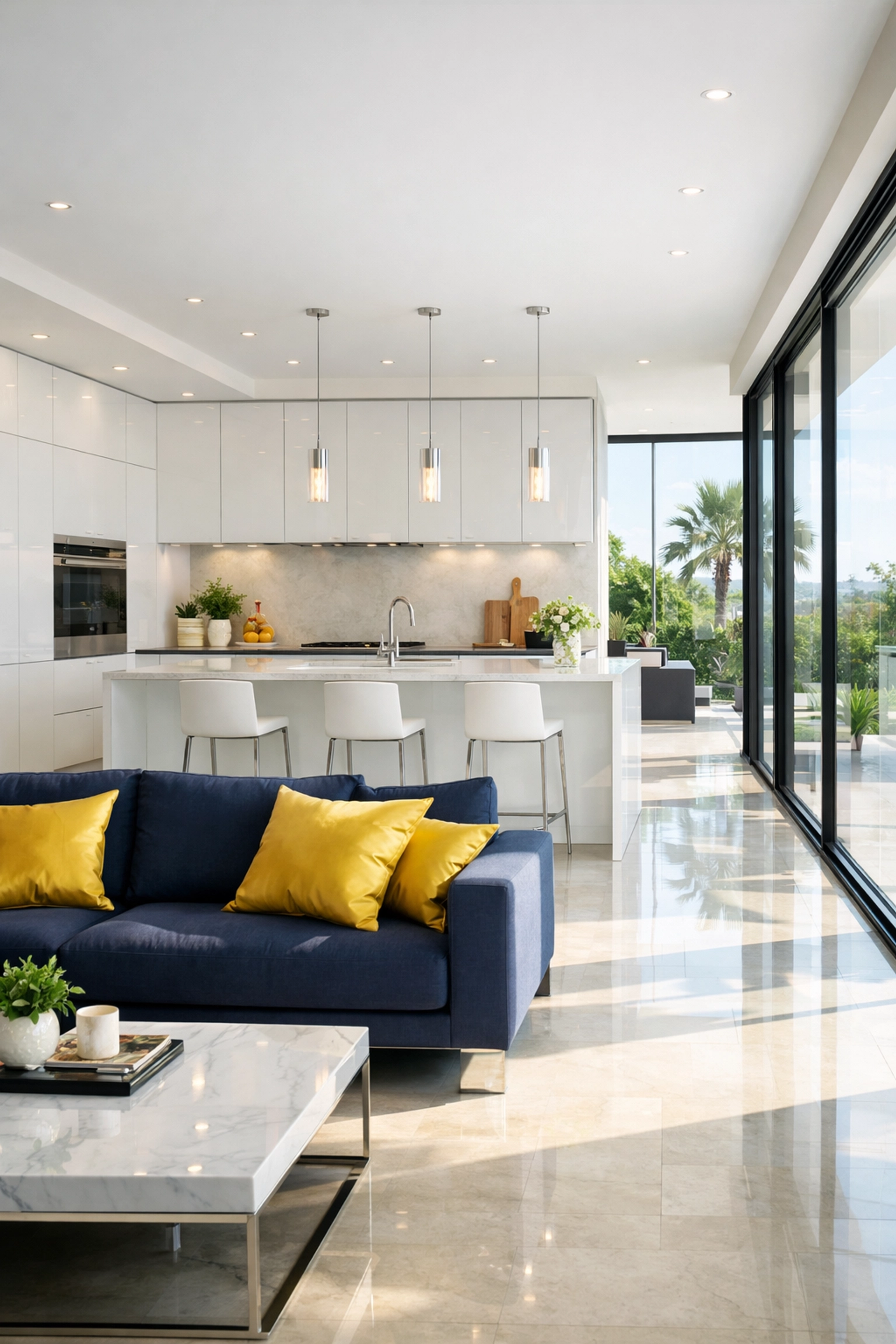 A pristine, eco-friendly modern kitchen and living area representing a healthy, clean home environment.