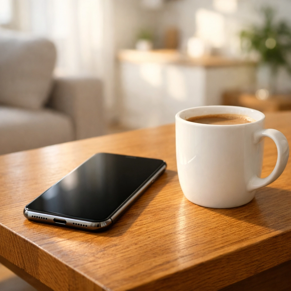 Smartphone on a coffee table used to apply for a no credit check loan in Canada.