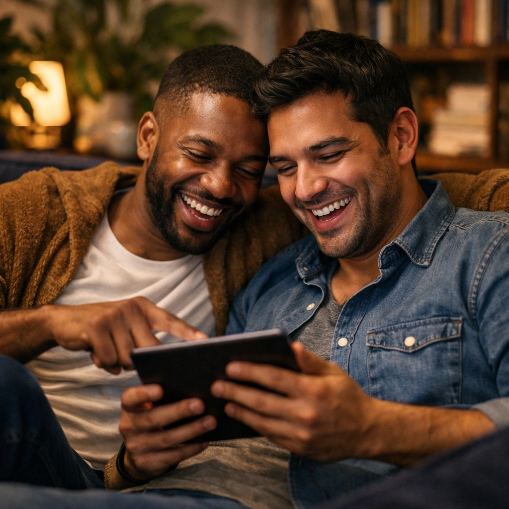 Diverse gay couple sharing a digital MM romance story on a tablet within a cozy, communal setting.