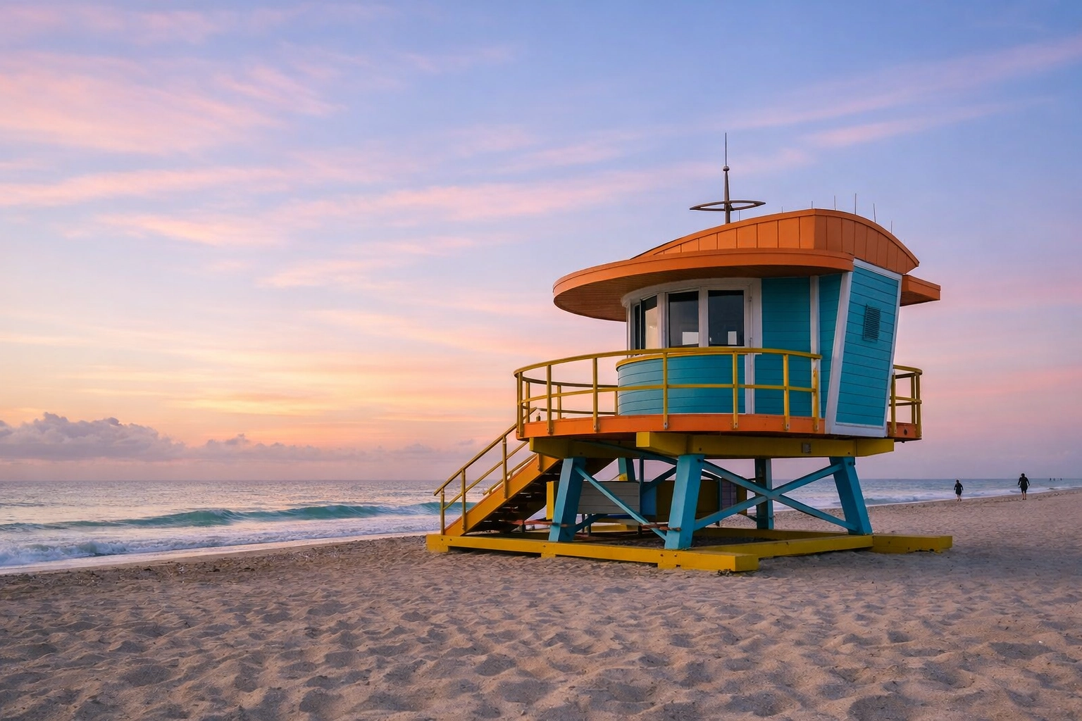 Pastel sunrise over a historic Art Deco lifeguard tower on the sand at South Beach, Miami.