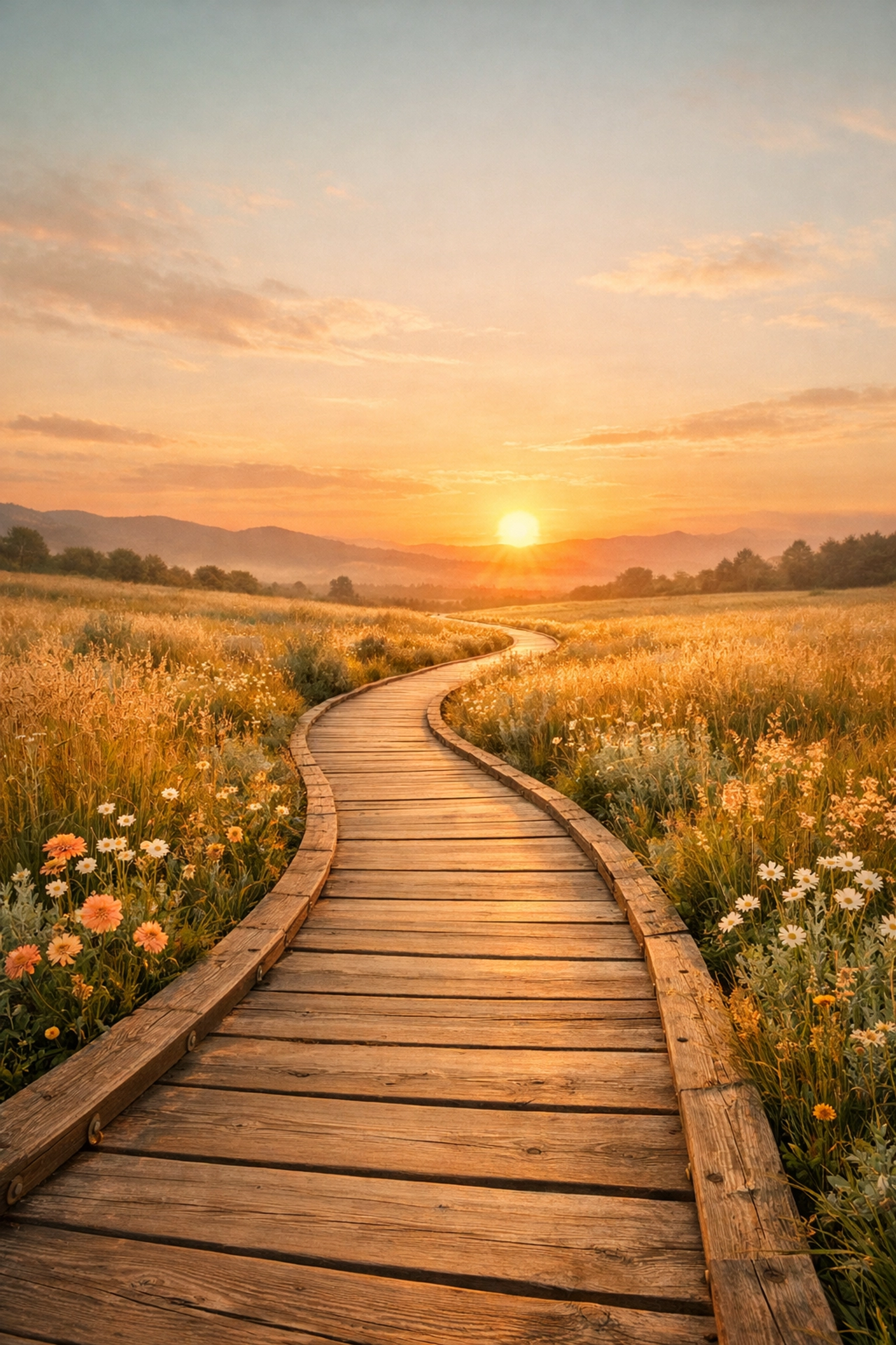 A sunlit boardwalk path leading through a meadow, representing a guided journey toward spiritual healing.