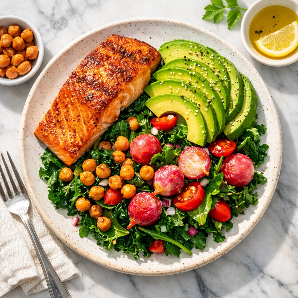 Nutritious salmon and avocado meal prepared for an insulin resistance weight loss diet.