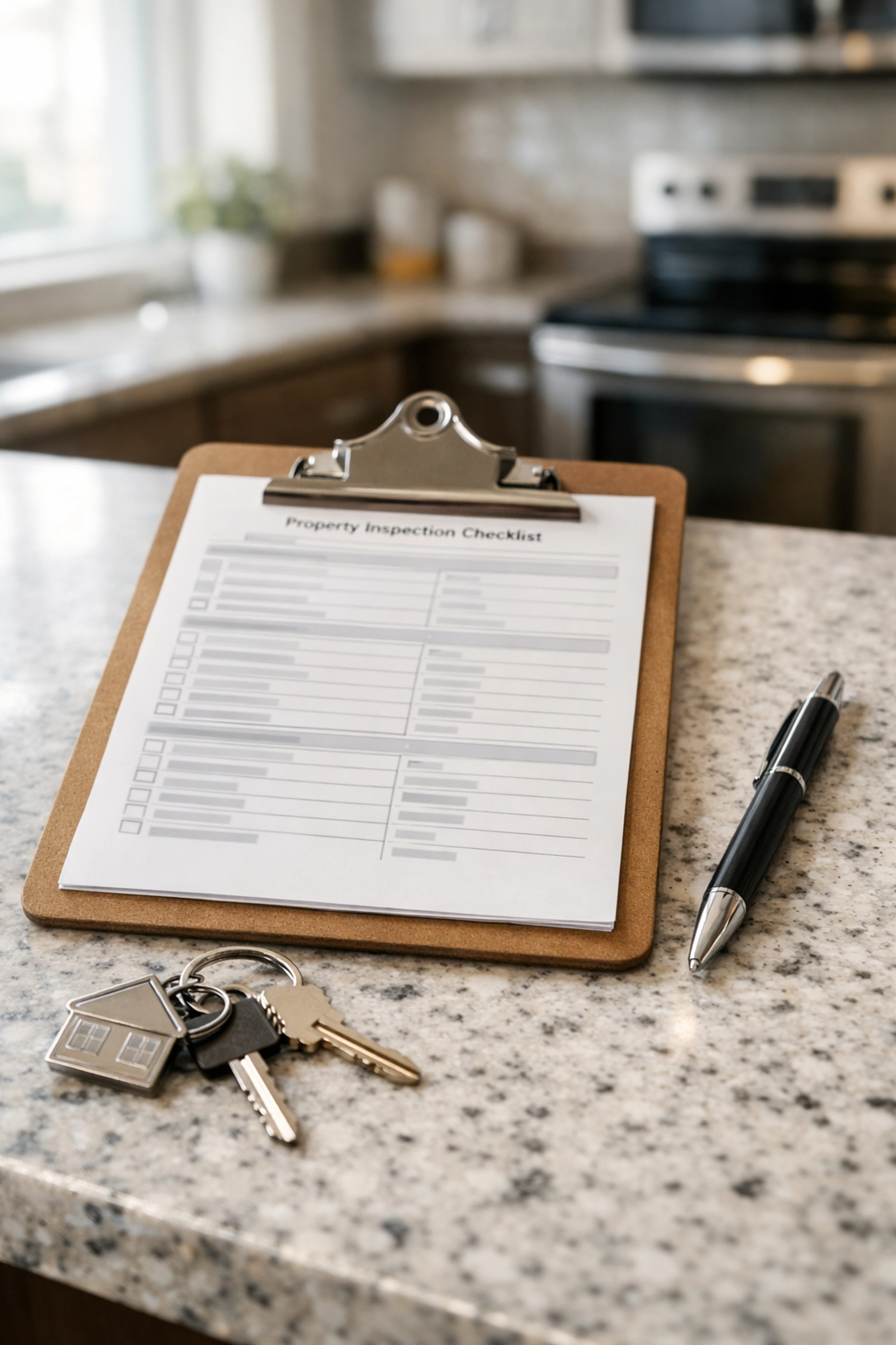 Property inspection checklist with apartment keys for move-out documentation