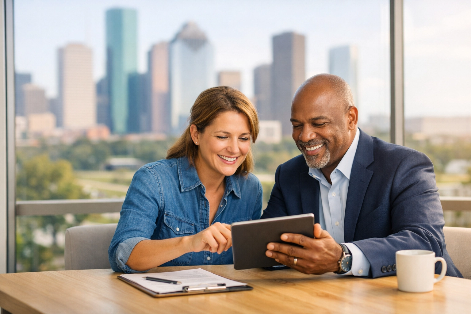 A professional consultation helping a Houston business owner choose the right business insurance policy.