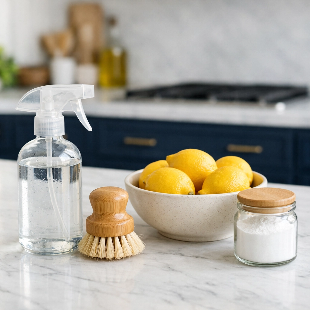 Natural eco-friendly supplies used for recurring house cleaning in high-end Ashland kitchens.
