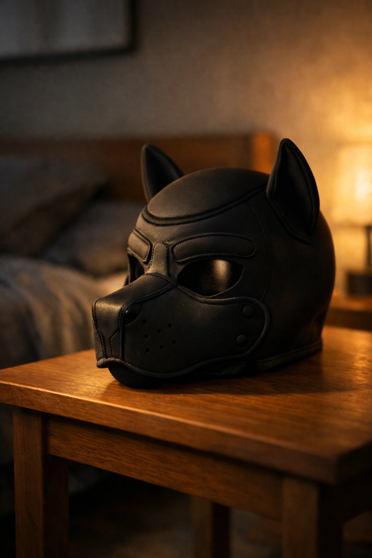 Black neoprene pup hood on wooden bedside table in peaceful bedroom setting for human pup play