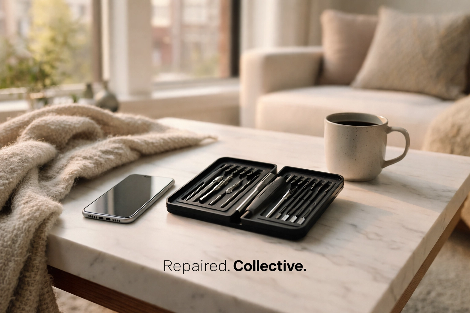 Cinematic brand image with “Repaired Collective.” overlay in Montserrat.