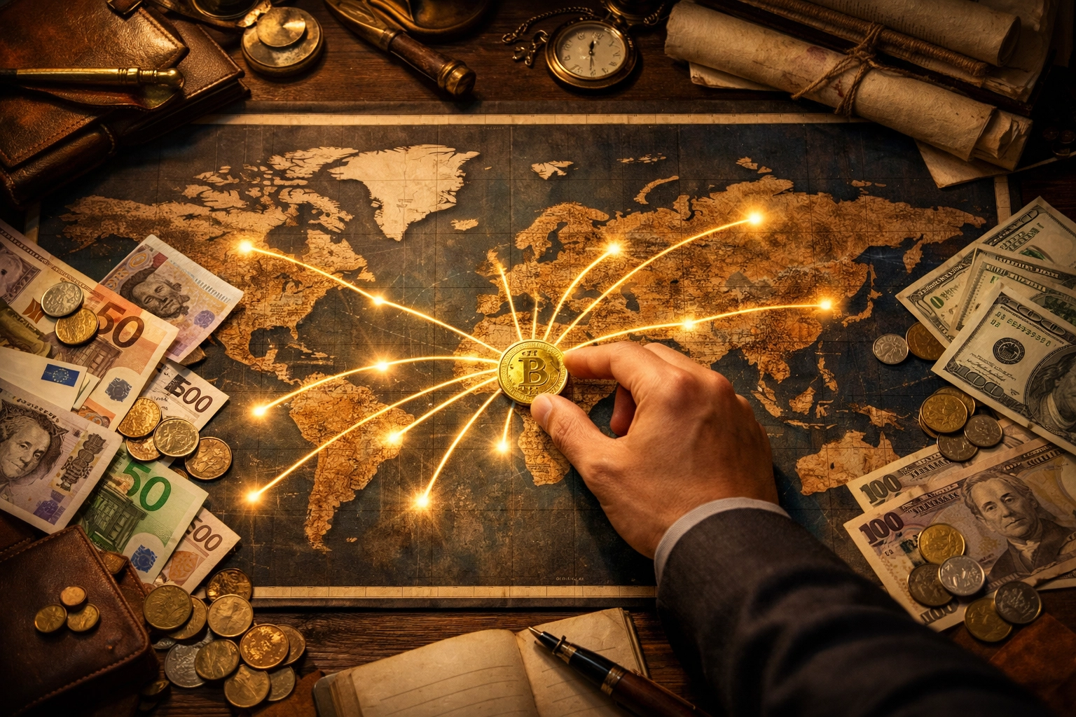 Merchant placing cryptocurrency on world map symbolizing unified global payments with LUSD stablecoin