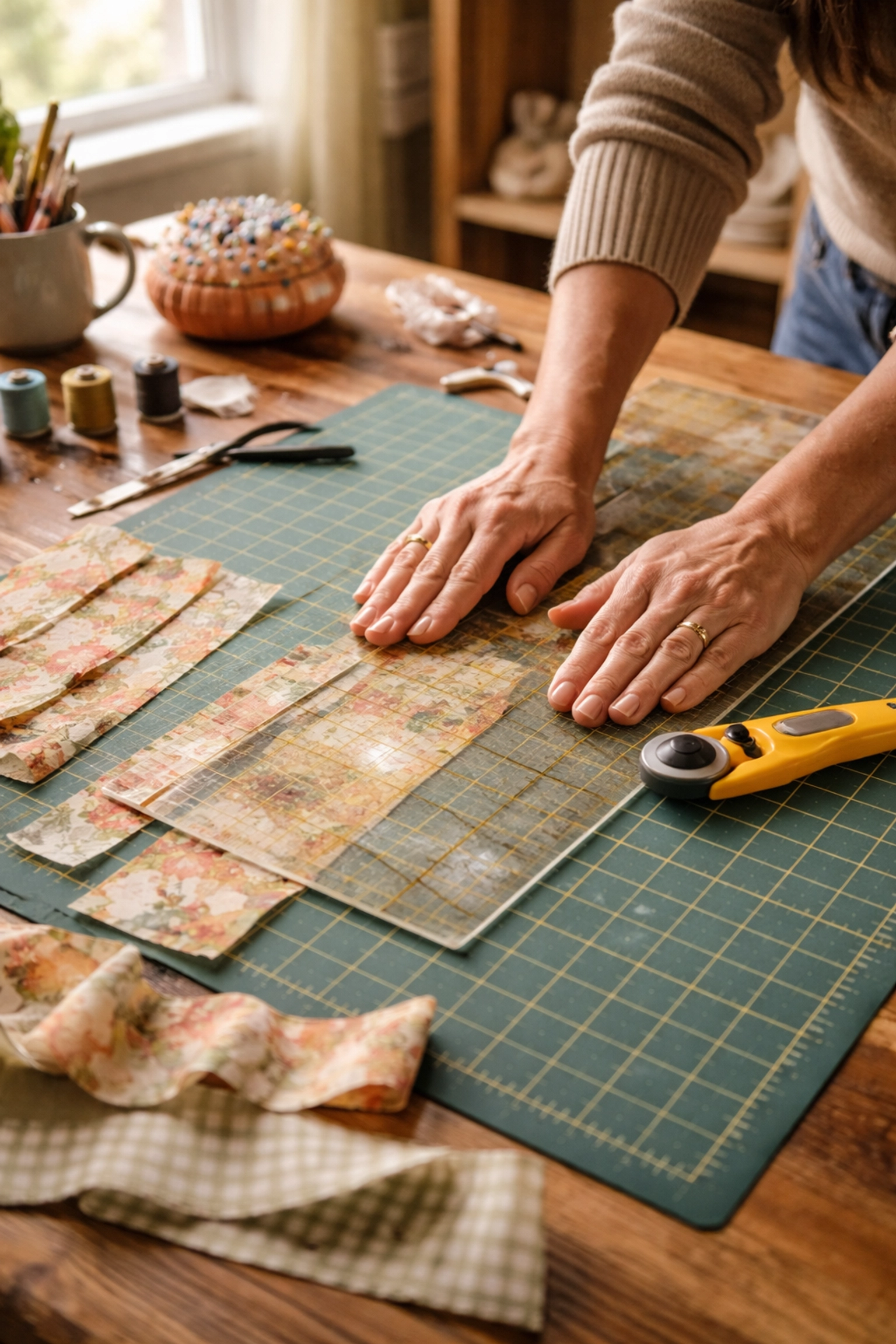 Quilter using a standard rotary cutter and ruler, struggling with uneven fabric strips in a cozy sewing room