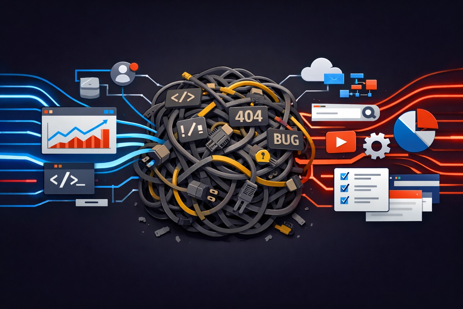 Technical debt illustrated as tangled code transforming into organized website structure
